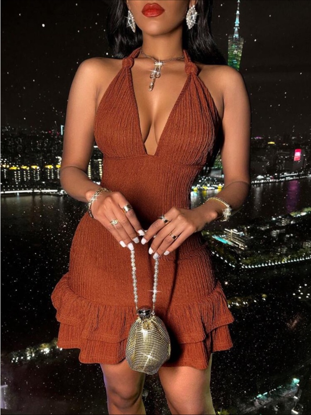 SHEIN Rust Textured Halter Dress NWOT